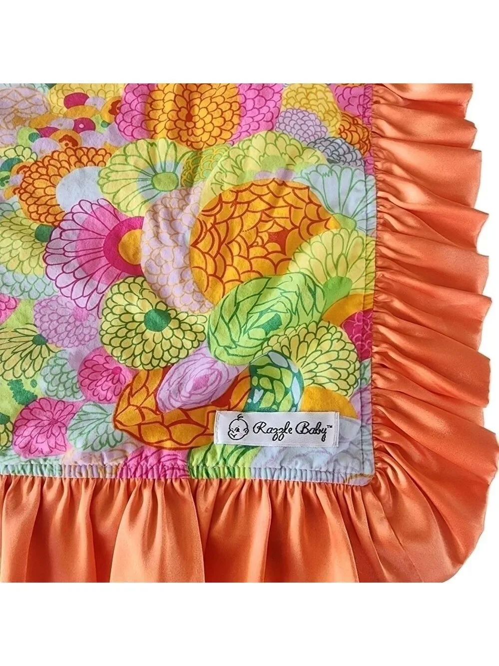 Razzle baby satin / plush Minky wooby security baby blanket floral pink & orange